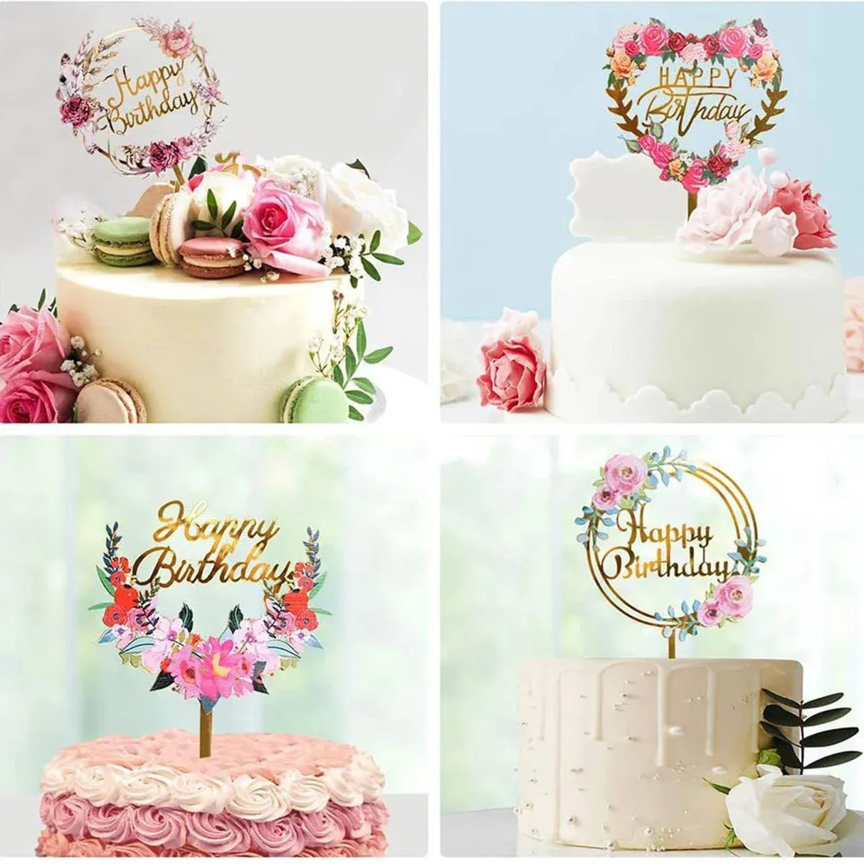 Happy Birthday Anniversary Wedding Cake Flowers Topper Acrylic Party Decorations - NO.06