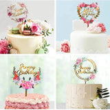 Happy Birthday Anniversary Wedding Cake Flowers Topper Acrylic Party Decorations - NO.06 - Low Angle