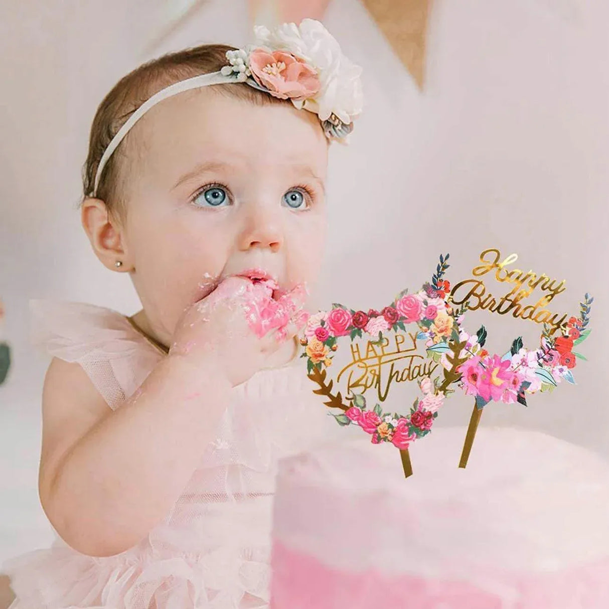 Happy Birthday Anniversary Wedding Cake Flowers Topper Acrylic Party Decorations - NO.06