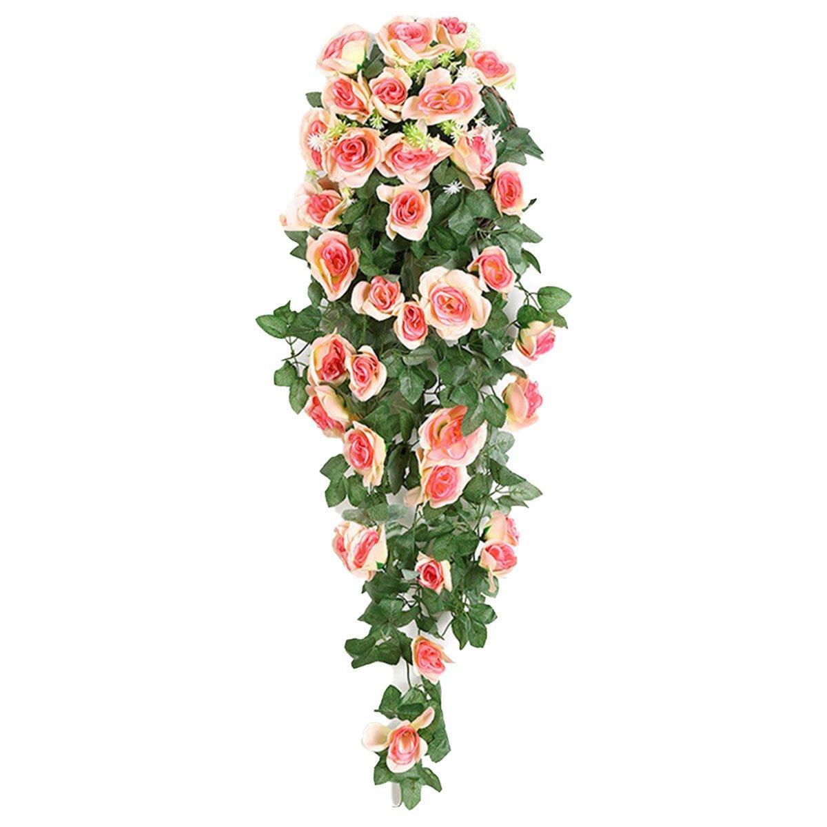 2PCS Artificial Rose Flower Garland Hanging Vine Home Wall Decor Fake Rattan - White