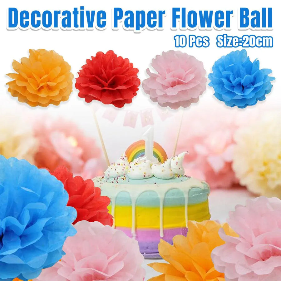 Decorative Paper Flower Balls 10pcs Party Hanging Pom Pom Wedding Event Decor - Blue