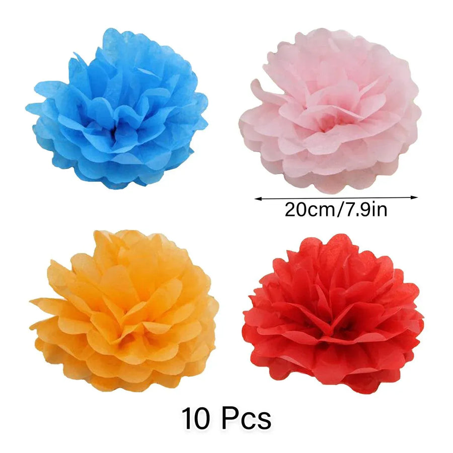 Decorative Paper Flower Balls 10pcs Party Hanging Pom Pom Wedding Event Decor - Blue