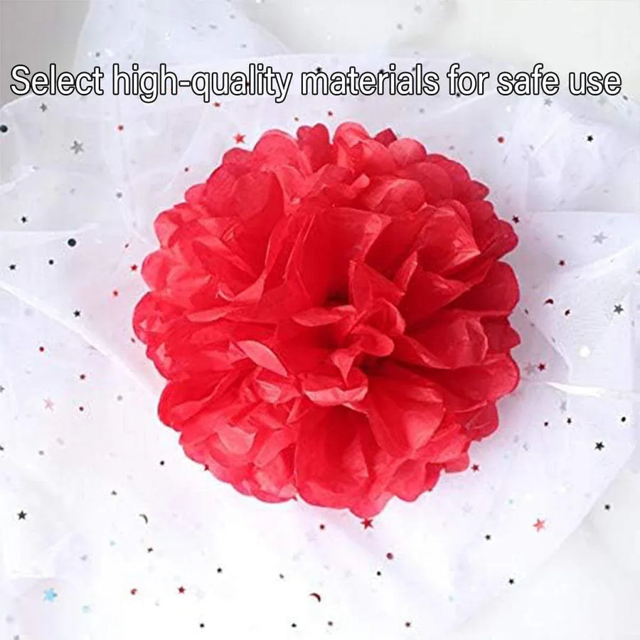 Decorative Paper Flower Balls 10pcs Party Hanging Pom Pom Wedding Event Decor - Red