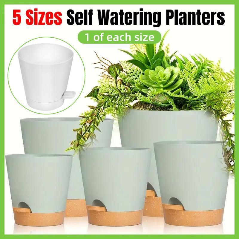 5pcs Self Watering Planter Desktop Plastic Round Planter Auto Suction Lazy Pot - Green
