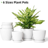 6PCS Simple Plastic Round Plant Pots Vertical Stripes Flower Pot Green Gardening - White - Extra Image