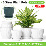 6PCS Simple Plastic Round Plant Pots Vertical Stripes Flower Pot Green Gardening - White