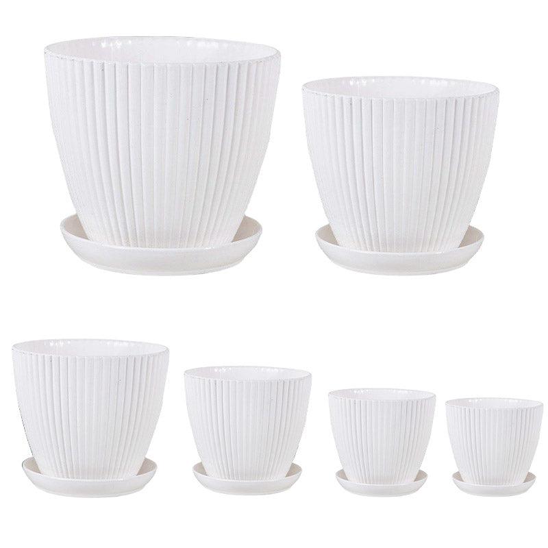6PCS Simple Plastic Round Plant Pots Vertical Stripes Flower Pot Green Gardening - White
