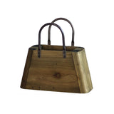 26cm Handbag Shape Flower Pot with Metal Handles Natural Wood - Front View