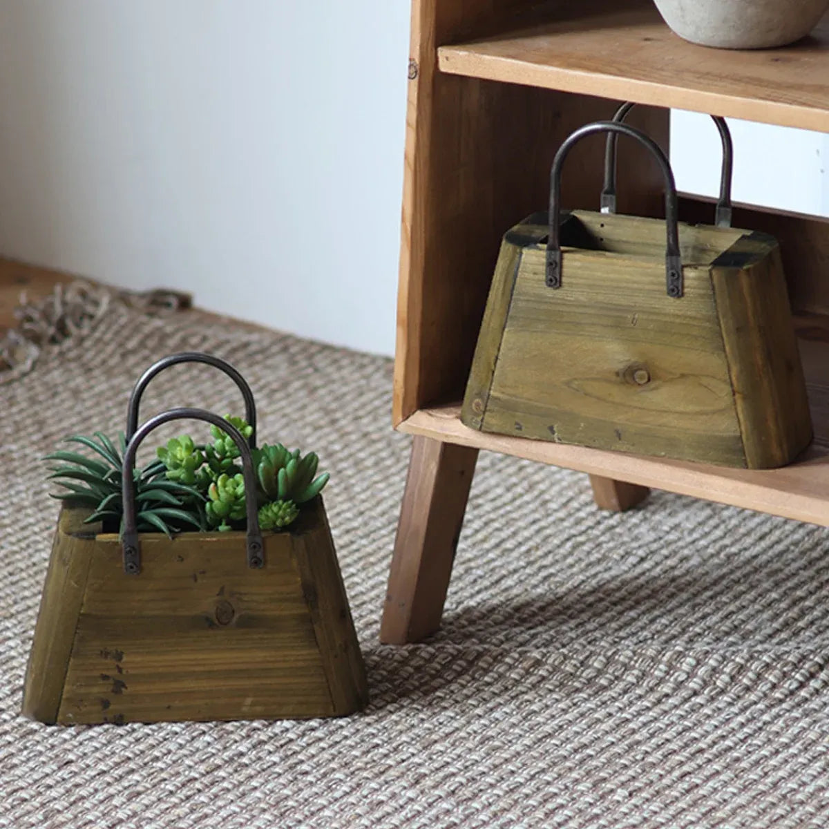 26cm Handbag Shape Flower Pot with Metal Handles Natural Wood