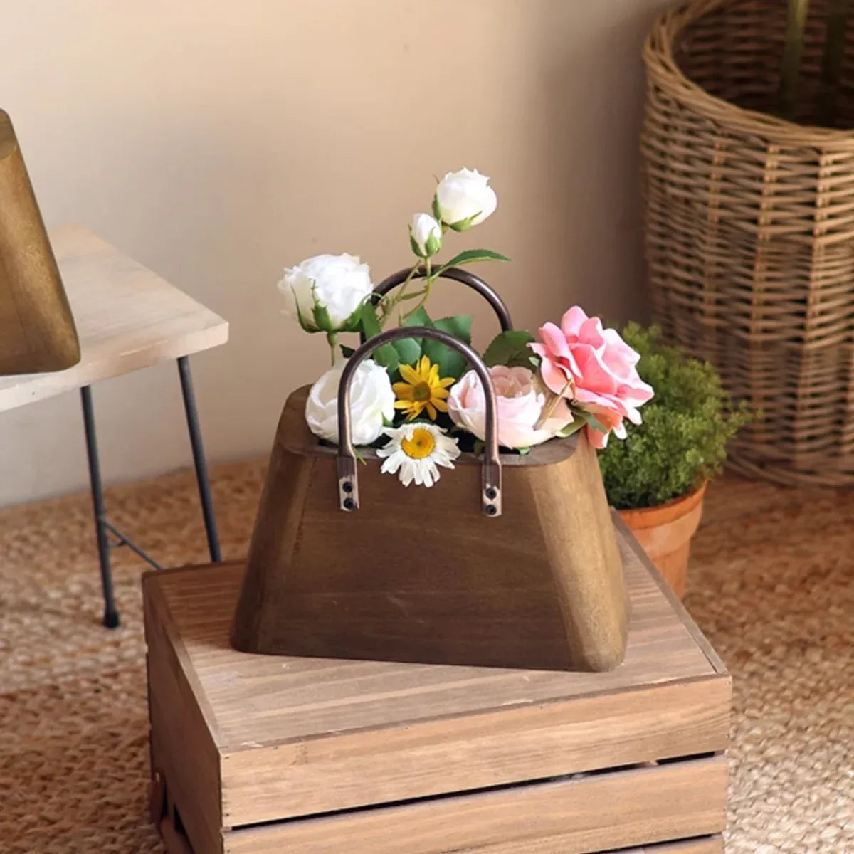 26cm Handbag Shape Flower Pot with Metal Handles Natural Wood