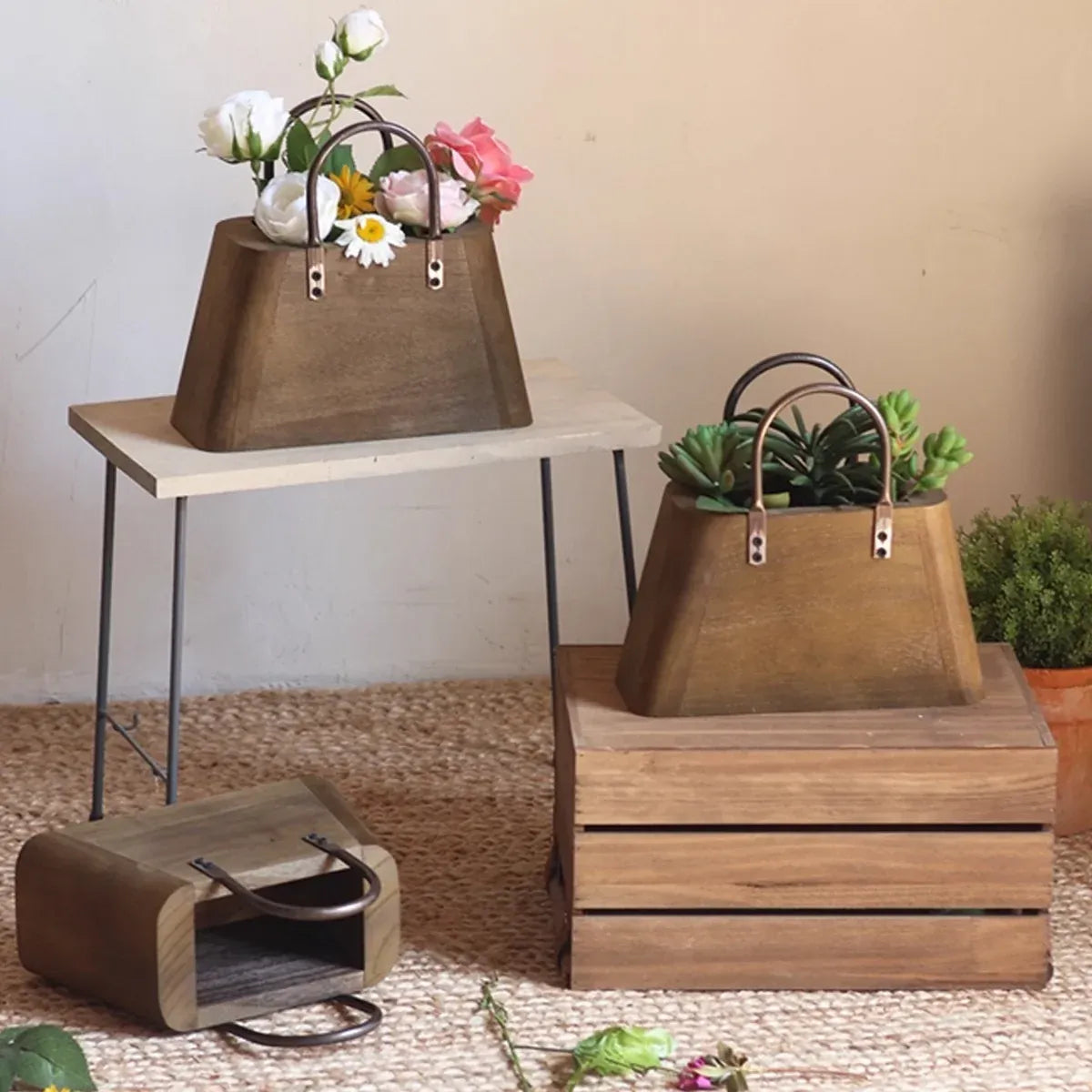 26cm Handbag Shape Flower Pot with Metal Handles Natural Wood