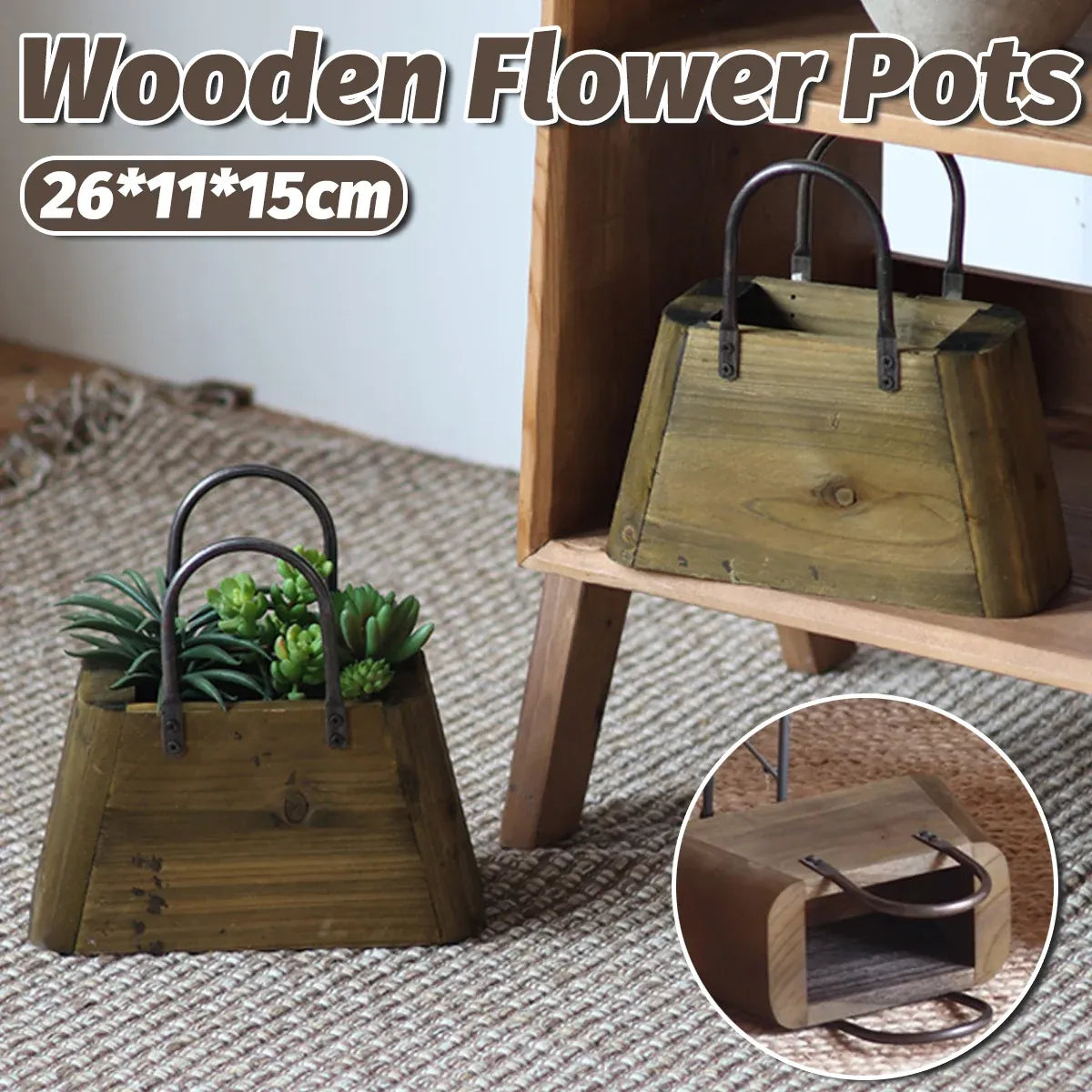 26cm Handbag Shape Flower Pot with Metal Handles Natural Wood