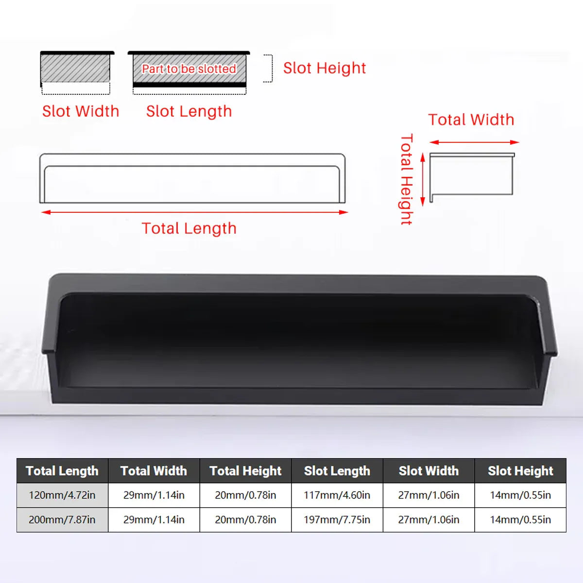 Hidden Recessed Cabinet Handle 120mm 200mm Slotted Drawer Door Pull Furniture - Black-120mm