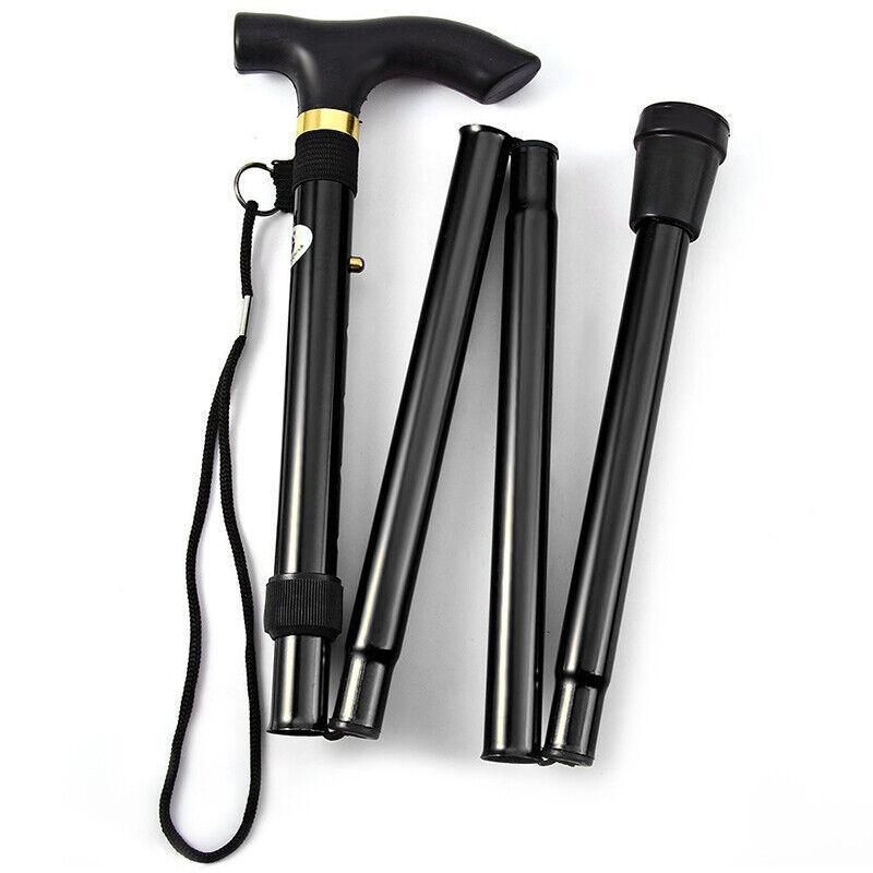 Folding Walking Stick Travel Cane Adjustable Height 82 to 92cm Aluminium Anti Slip - Silver