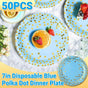 50-Pack Blue and Gold Polka Dot Disposable Paper Dessert Plates, 7 in