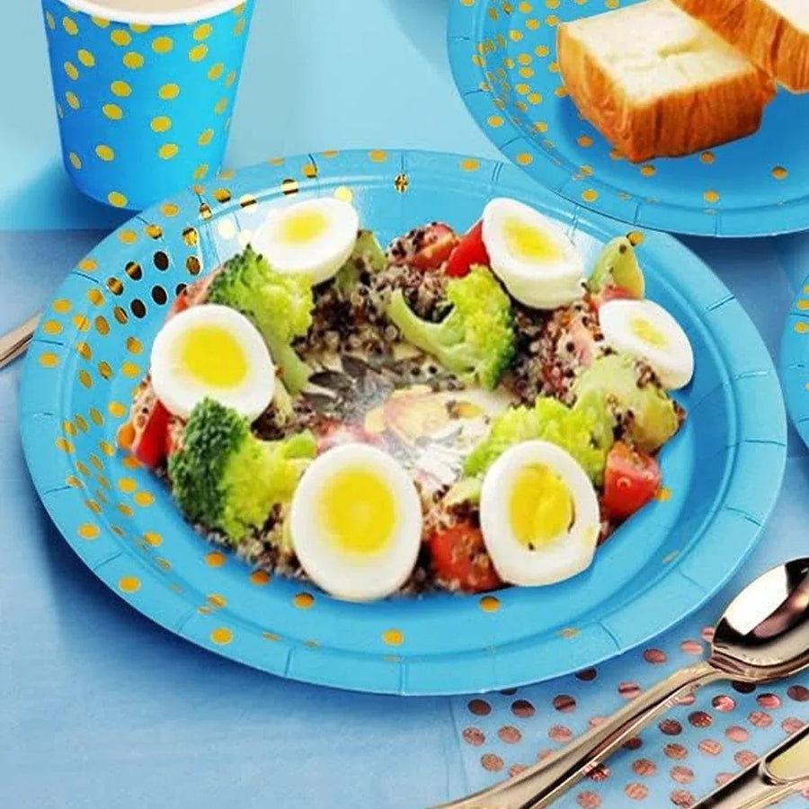 50-Pack Blue and Gold Polka Dot Disposable Paper Dessert Plates, 7 in