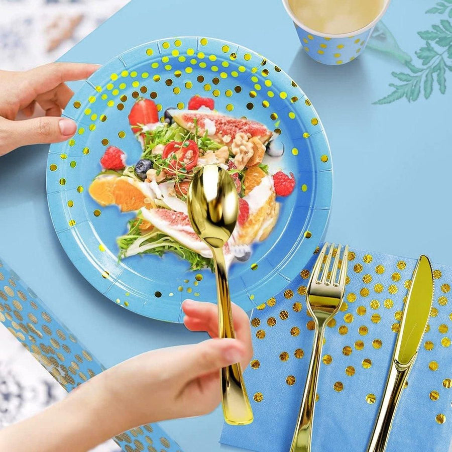 50-Pack Blue and Gold Polka Dot Disposable Paper Dessert Plates, 7 in
