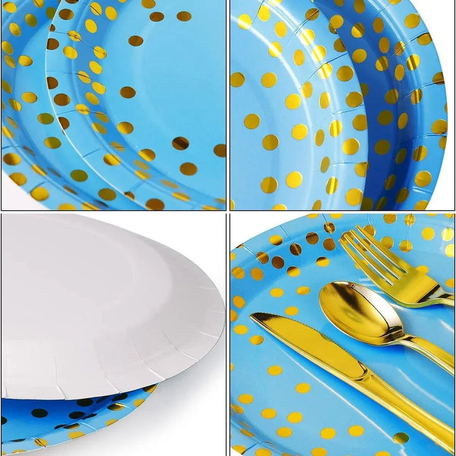 50-Pack Blue and Gold Polka Dot Disposable Paper Dessert Plates, 7 in