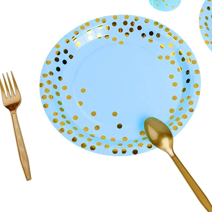 50-Pack Blue and Gold Polka Dot Disposable Paper Dessert Plates, 7 in