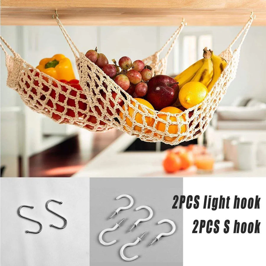 Under Desk Hanging Fruit Basket Kitchen Storage Net Home Organizer for Fruits - Khaki
