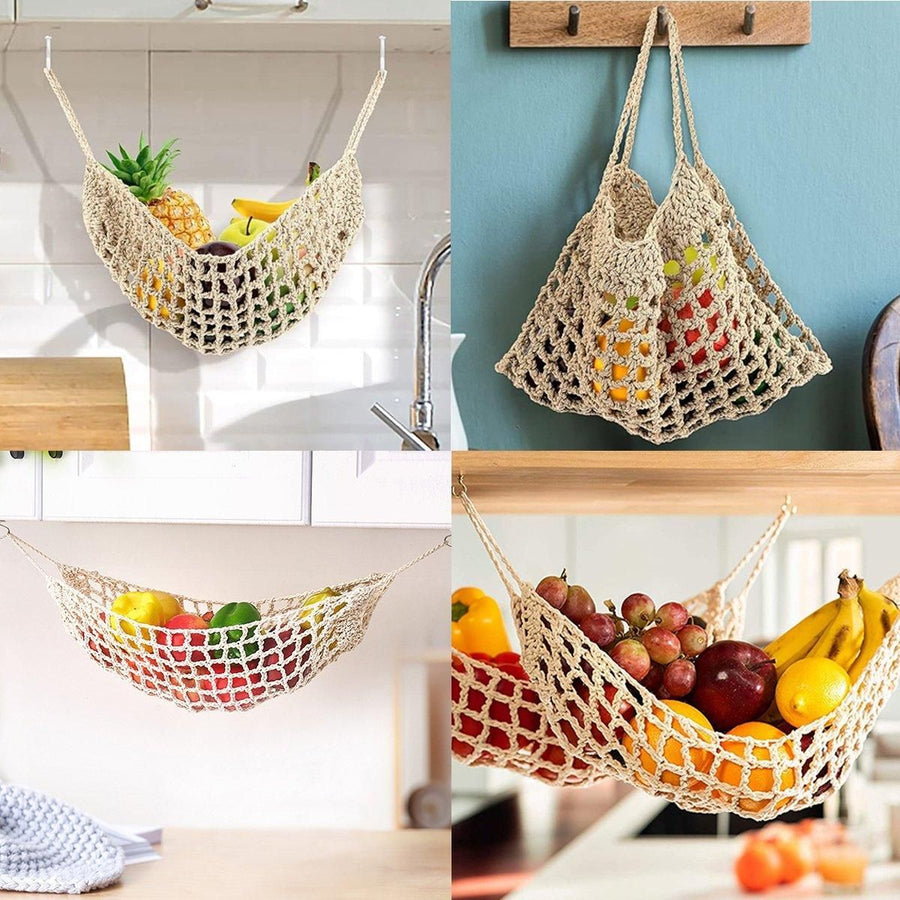 Under Desk Hanging Fruit Basket Kitchen Storage Net Home Organizer for Fruits - White
