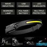 Cob Led Motion Sensor Head Torch Headlight Usb Headlamp Waterproof  Rechargeable - Extra Image