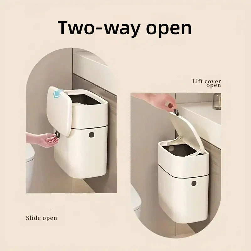 Wall Mounted Hanging Waste Bin with Lid Household Cabinet Trash Can Cream White