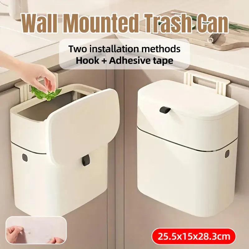 Wall Mounted Hanging Waste Bin with Lid Household Cabinet Trash Can Cream White