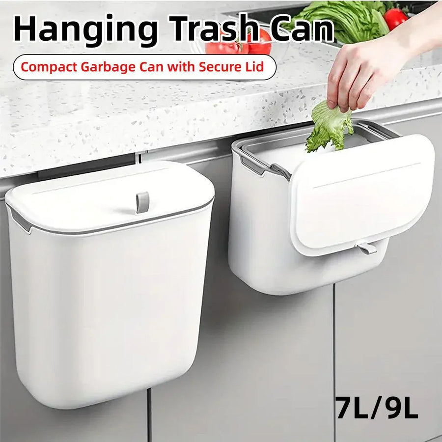 Wall Mounted Hanging Wastebasket with Sliding Lid for Kitchen and Bathroom Use - 7L