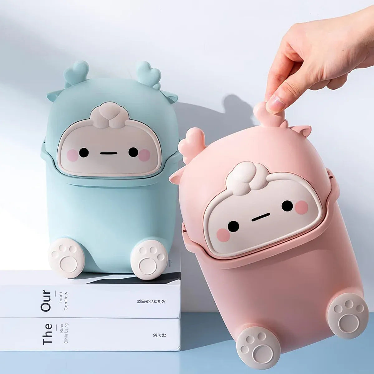 Mini Monster Trash Can Desktop Flip Top Garbage Bin Small Plastic Waste Basket - Light Blue