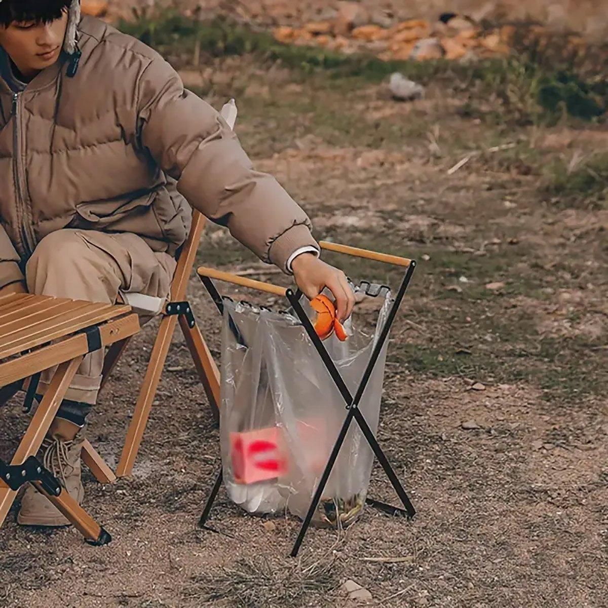Outdoor Portable Wooden Folding Garbage Rack Picnic Barbecue Plastic Bag Holder