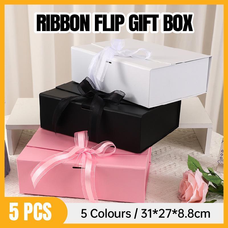 Elegant Ribbon Flip Folding Gift Boxes Multiple Colors High-Quality Cardboard - Orange