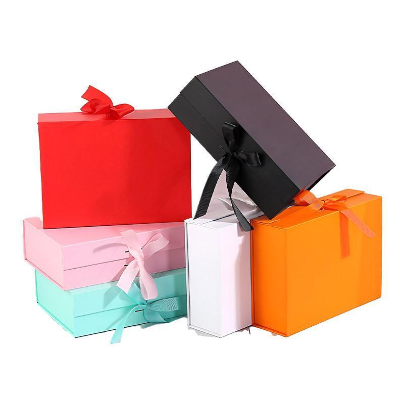 Elegant Ribbon Flip Folding Gift Boxes Multiple Colors High-Quality Cardboard - Orange