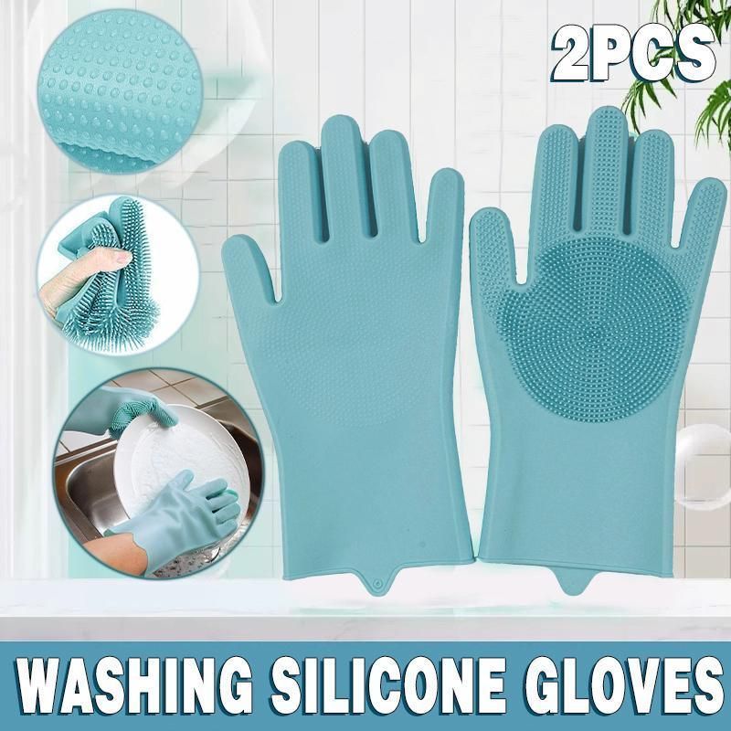 Silicone Dishwashing Gloves with Scrubber Palms, Blue, 1 Pair (2 Pcs)