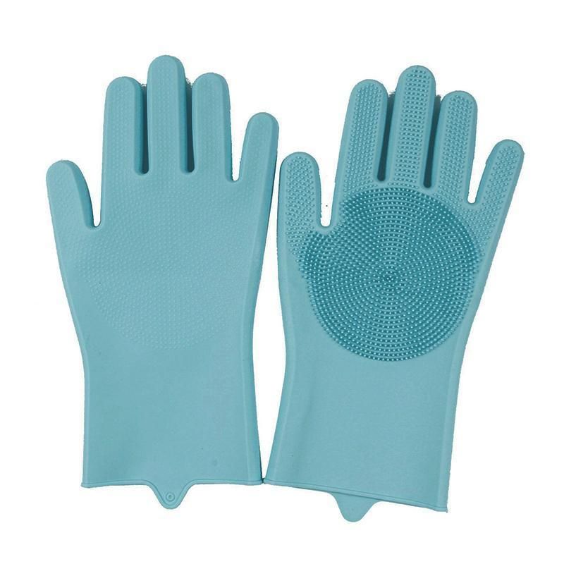 Silicone Dishwashing Gloves with Scrubber Palms, Blue, 1 Pair (2 Pcs)