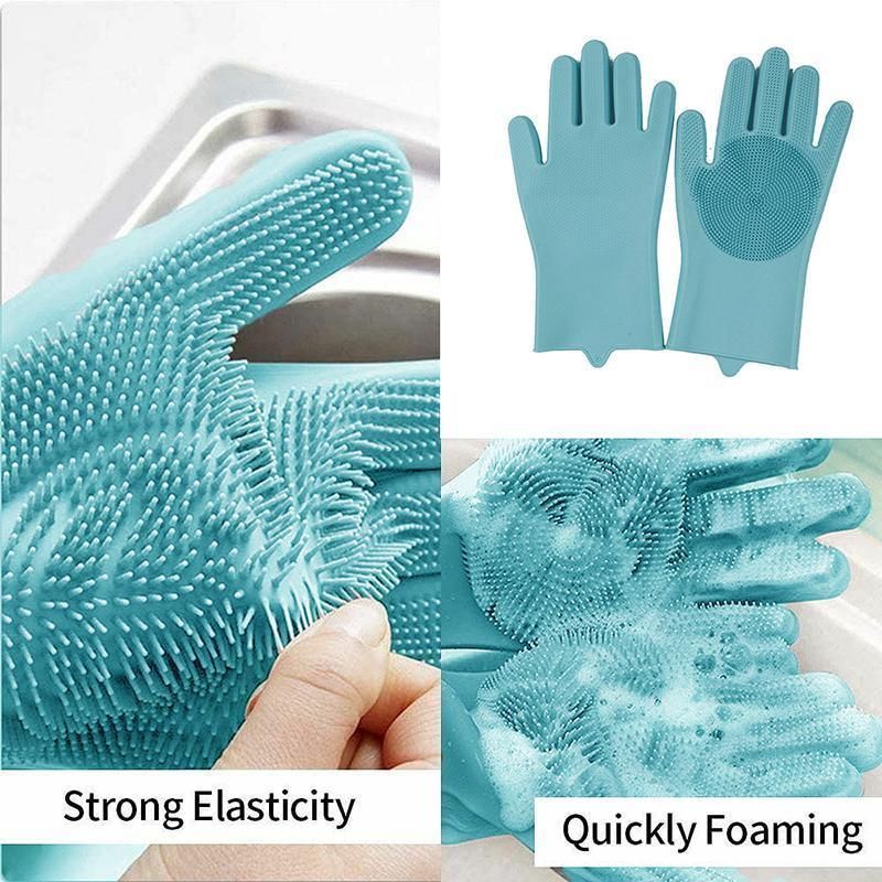 Silicone Dishwashing Gloves with Scrubber Palms, Blue, 1 Pair (2 Pcs)