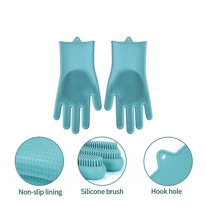 Silicone Dishwashing Gloves with Scrubber Palms, Blue, 1 Pair (2 Pcs)