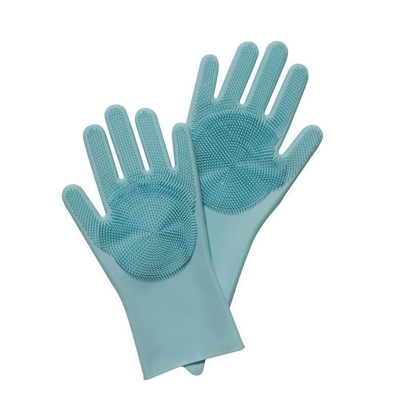 Silicone Dishwashing Gloves with Scrubber Palms, Blue, 1 Pair (2 Pcs)