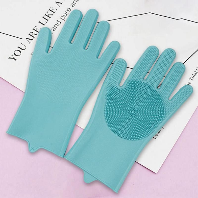 Silicone Dishwashing Gloves with Scrubber Palms, Blue, 1 Pair (2 Pcs)