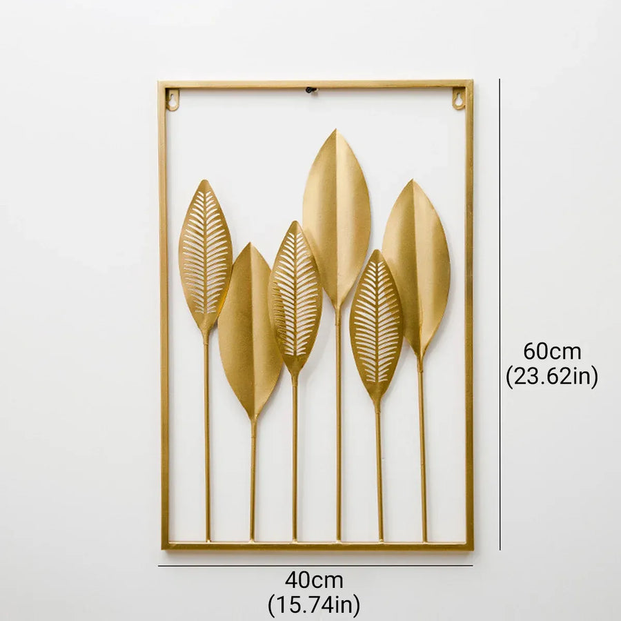 Metal Leaf Wall Hanging Decor Gold Iron Frame Living Room Porch 60 x 40cm