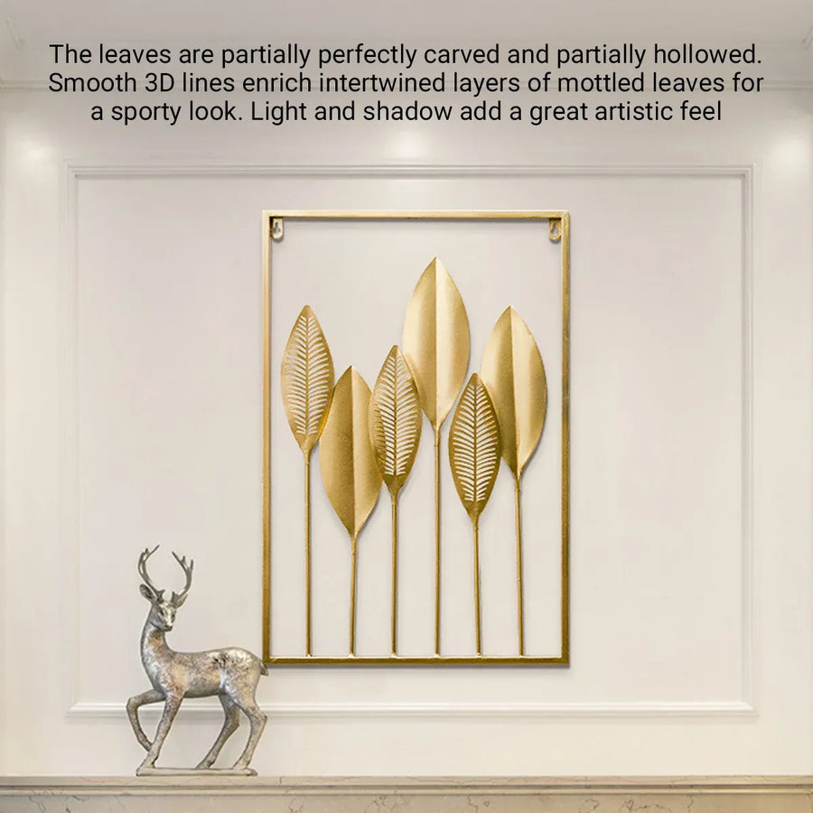 Metal Leaf Wall Hanging Decor Gold Iron Frame Living Room Porch 60 x 40cm
