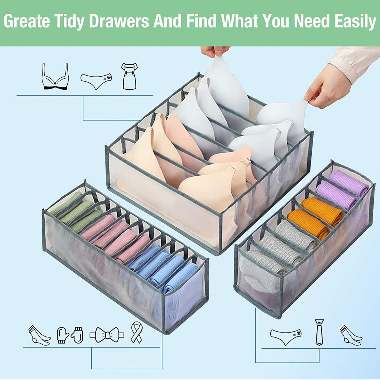 Foldable Drawer Organizer Divider Bra Sock Underwear Storage Closet Wardrobe - Grey Set of 3 Different Sizes