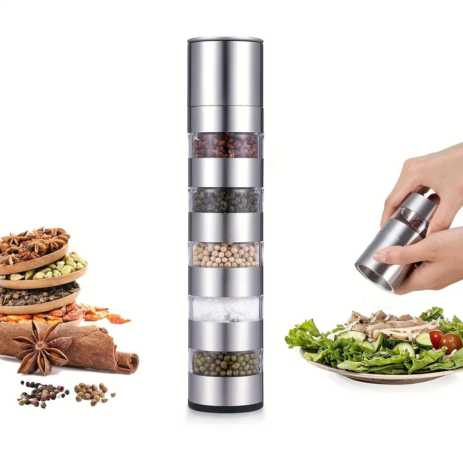 5 in 1 Stainless Steel Salt and Pepper Grinder Manual Spice Grinder Bottle Kitchen