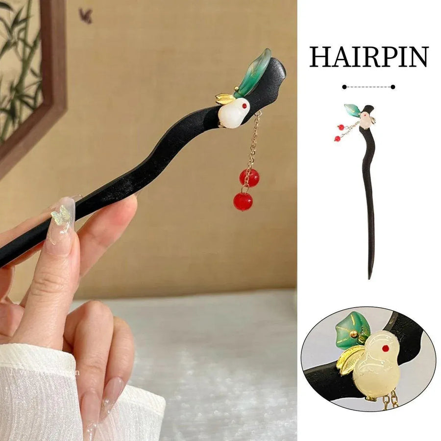 1-Piece Black Hairpin with Green Leaf and Red Bead Details