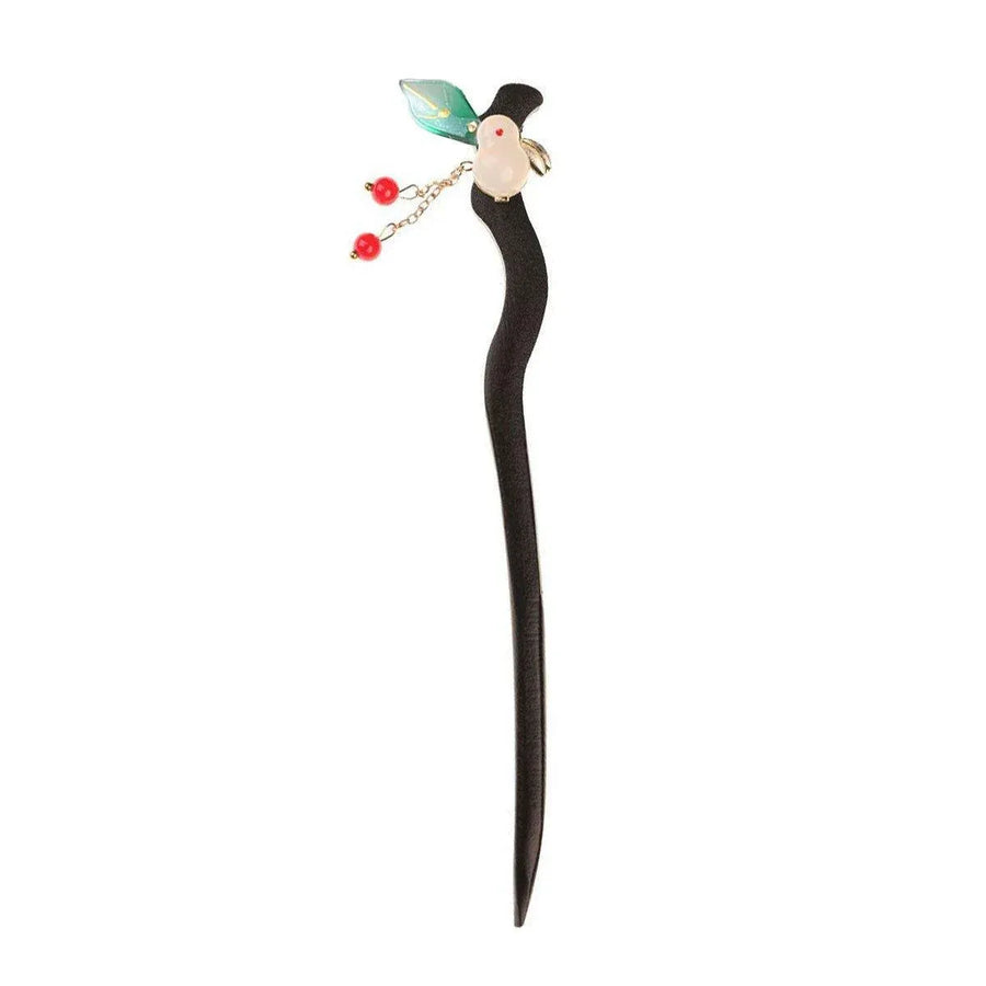 1-Piece Black Hairpin with Green Leaf and Red Bead Details