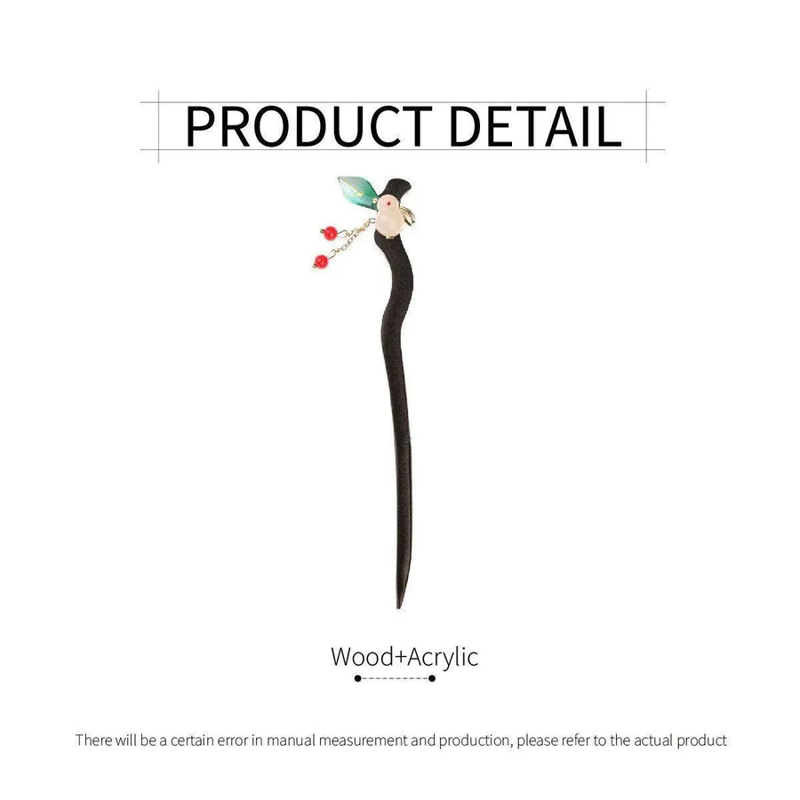 1-Piece Black Hairpin with Green Leaf and Red Bead Details