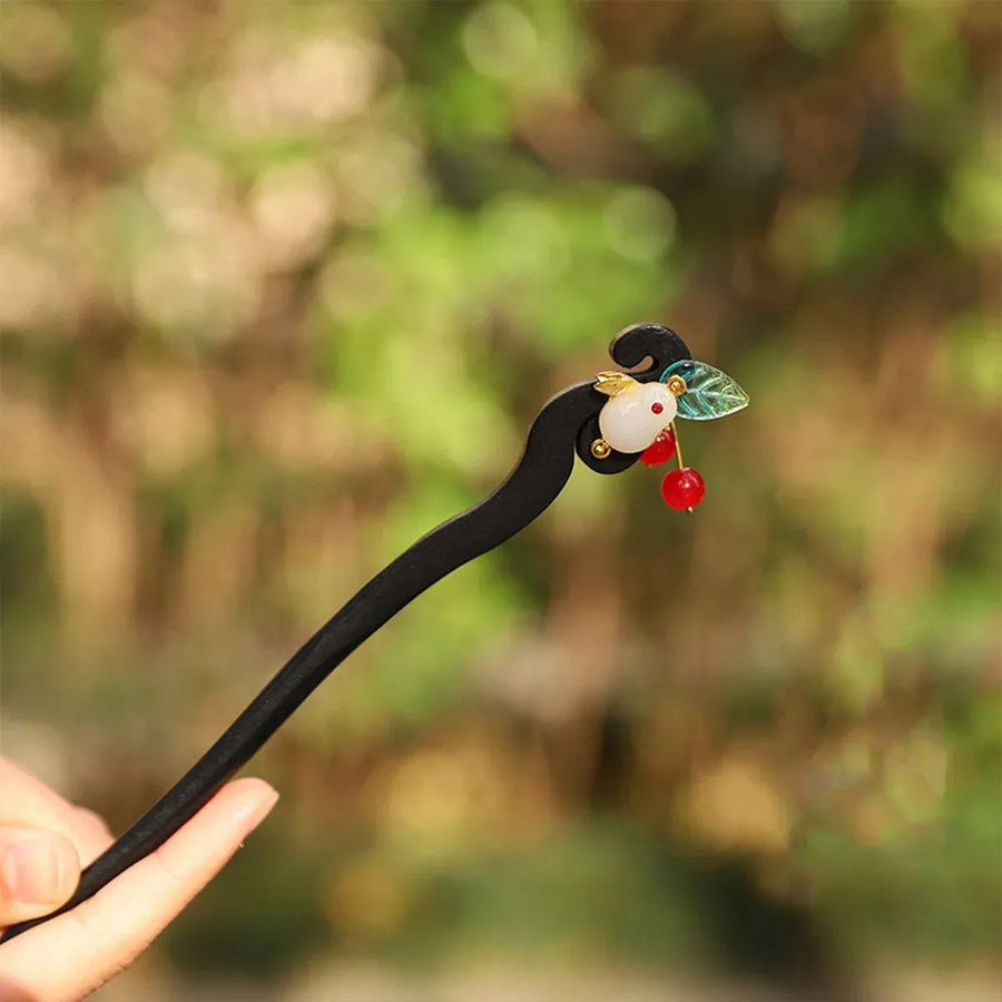 1-Piece Black Hairpin with Green Leaf and Red Bead Details
