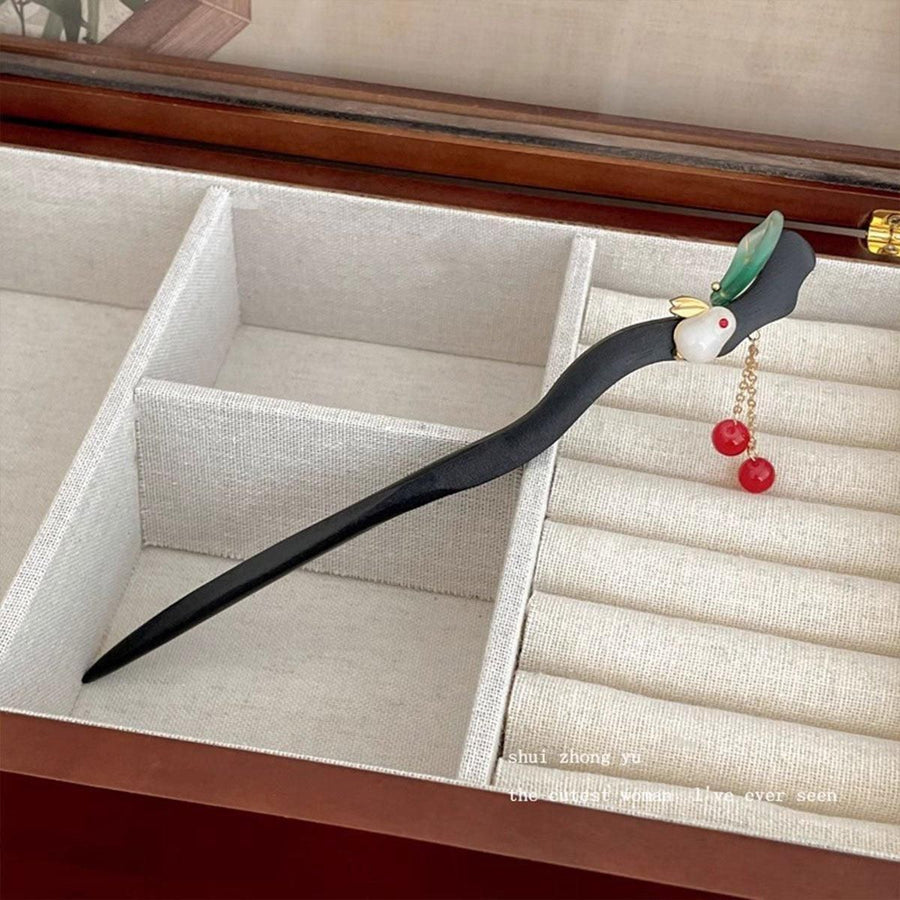 1-Piece Black Hairpin with Green Leaf and Red Bead Details