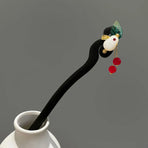 1-Piece Black Hairpin with Green Leaf and Red Bead Details
