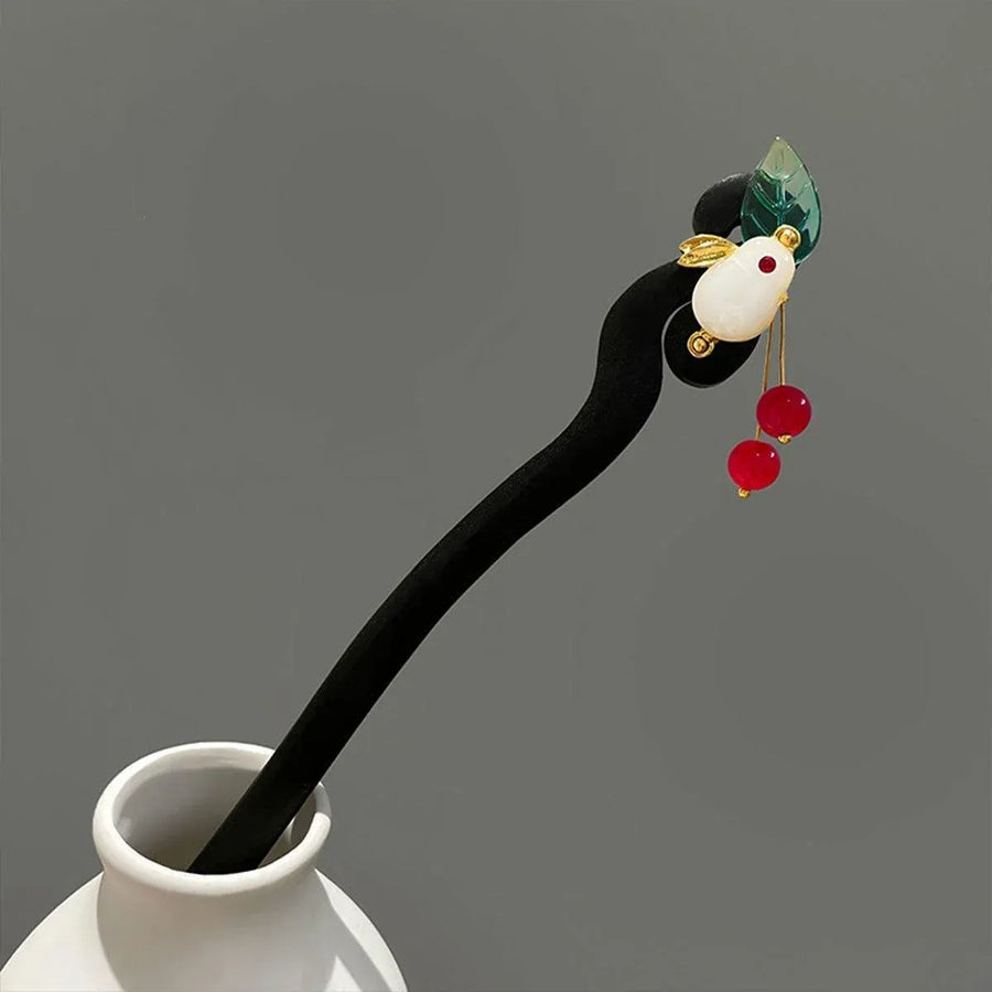 1-Piece Black Hairpin with Green Leaf and Red Bead Details